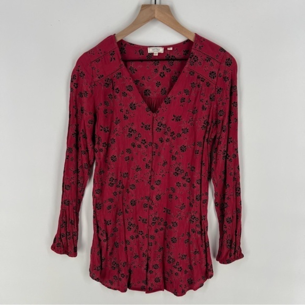 Fat Face Boho Crinkle Fabric Floral Print V-Neck‎ Button Front Longline Top